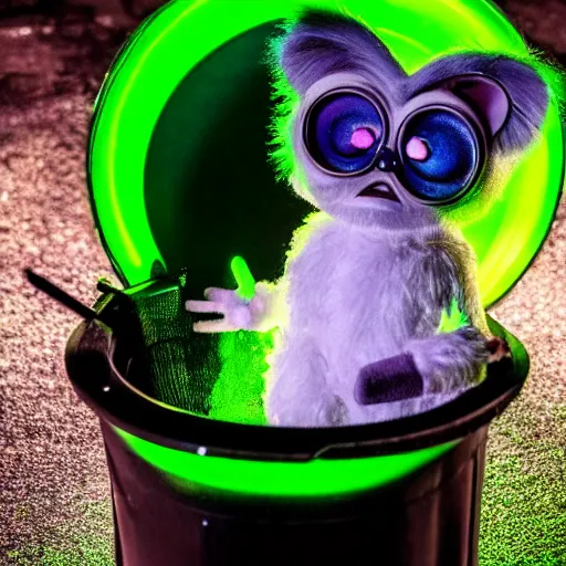 Prompt: photo of a furby emerging from a toxic waste barrel, glowing green