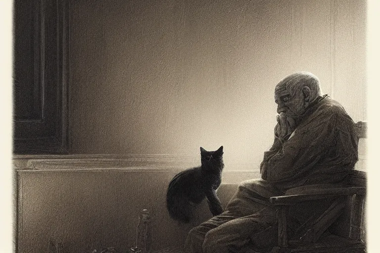 Prompt: Side view of an old man talking to his cat in sepia, hyperdetailed, artstation, cgsociety, by greg rutkowski, by Gustave Dore