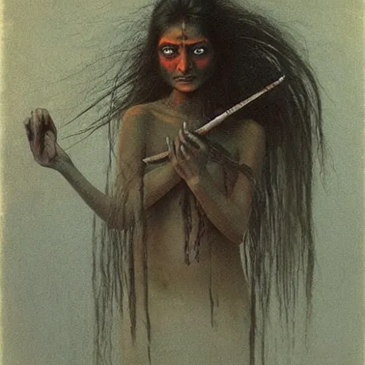 Prompt: a beautiful young indian cottagecore witch, highly detailed, masterpiece, illustrated, art by brom and beksinski