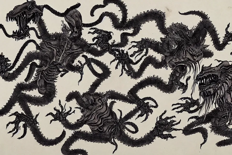 Prompt: many alien monsters are fighting with chinese immortals, traditional chinese ink painting, stable diffusion.