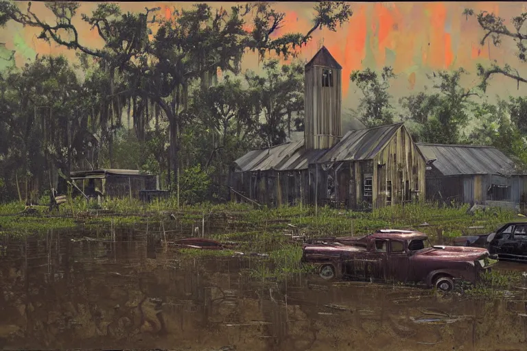 Image similar to scene from louisiana swamps, old protestant church with neon cross, junkyard by the road, boy scout troop, voodoo artwork by tim eitel