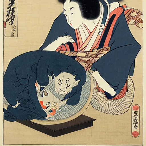 Image similar to a hokusai ukiyo - e portrait of a cat grooming itself, a shocked woman looks at the cat, japanese quote in the top left corner