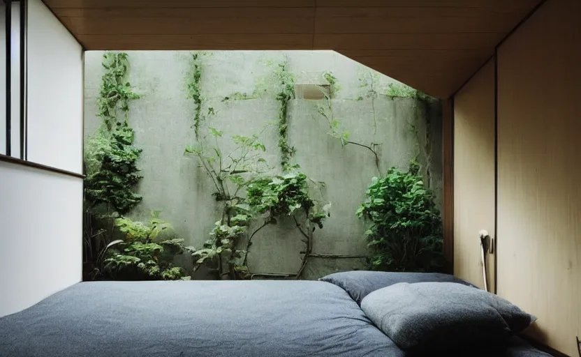 Image similar to a japanese bedroom interior, minimalist, bed, cupboards, wood, concrete, green walls, bright, windows, plants, carpet, moody light, view of a inner courtyard, retro futuristic, earth colors