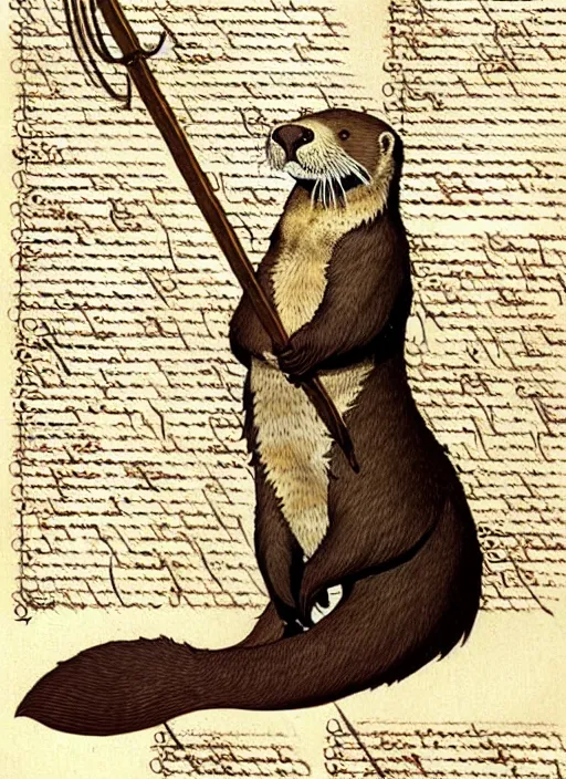 Image similar to a heroic otter scout with spear on a parchment background, redwall, greg rutowski and jean baptiste monge, detailed, epic fantasy concept art