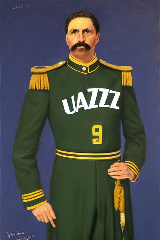 Image similar to full body portrait of the dictator of the nba utah jazz, 1 8 8 9, in full military garb, navy blue, green, yellow, oil on canvas by william sidney mount, trending on artstation