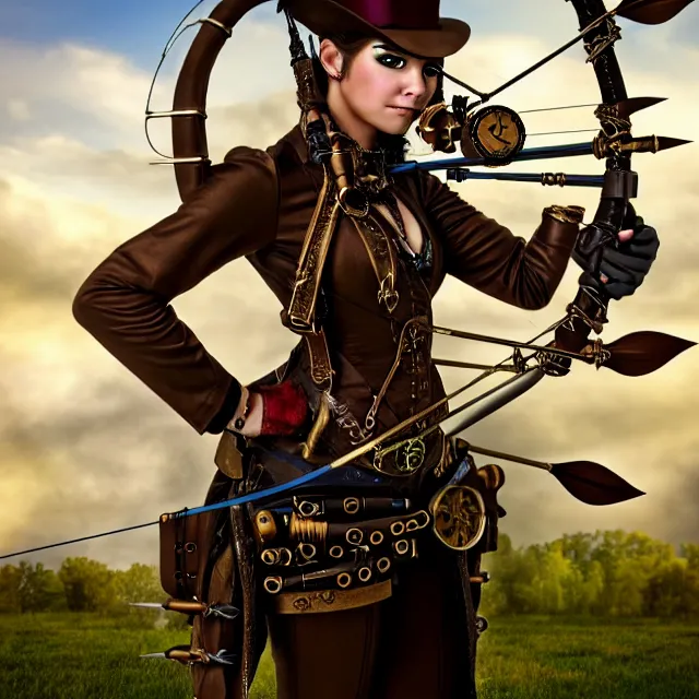 Prompt: steampunk archer, 4 k, hdr, smooth, sharp focus, high resolution, award - winning photo, anne stokes, photorealistic