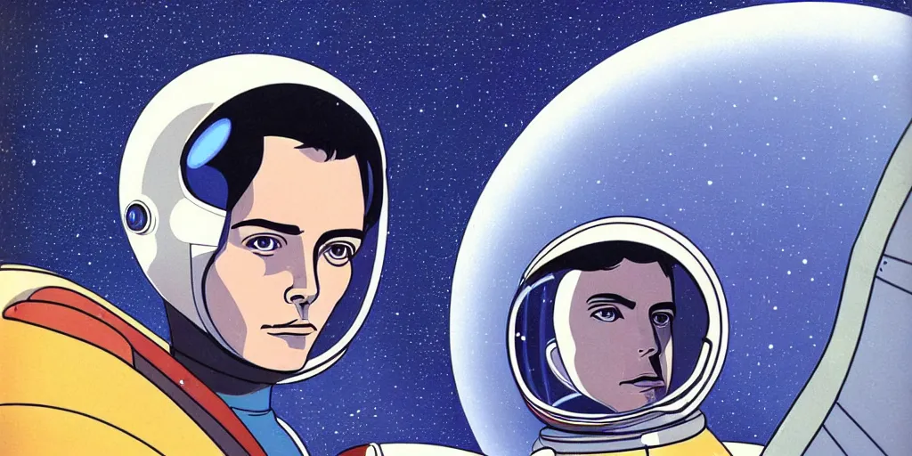 Image similar to a portrait of lonely single Alain Delon alone pilot in spacesuit posing in symmetrical spaceship station planet captain bridge outer worlds extraterrestrial hyper contrast well drawn in FANTASTIC PLANET La planète sauvage animation by René Laloux