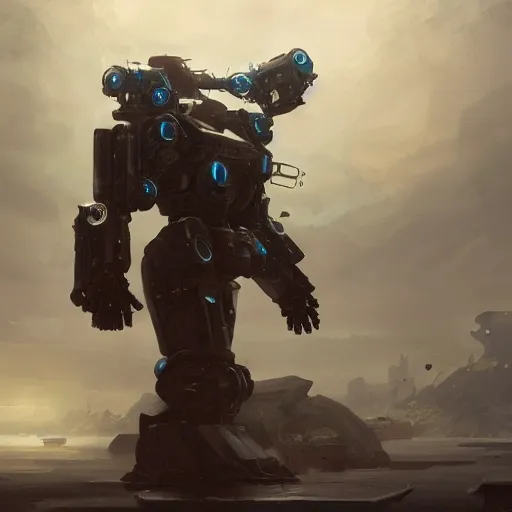 Image similar to a full length portrait of a giant autonomous polished steel battle mecha, a moody sci - fi painting by grosnez and juan pablo roldan, trending on artstation, smooth arstation, detailed, highly detailed matte painting, cinematic