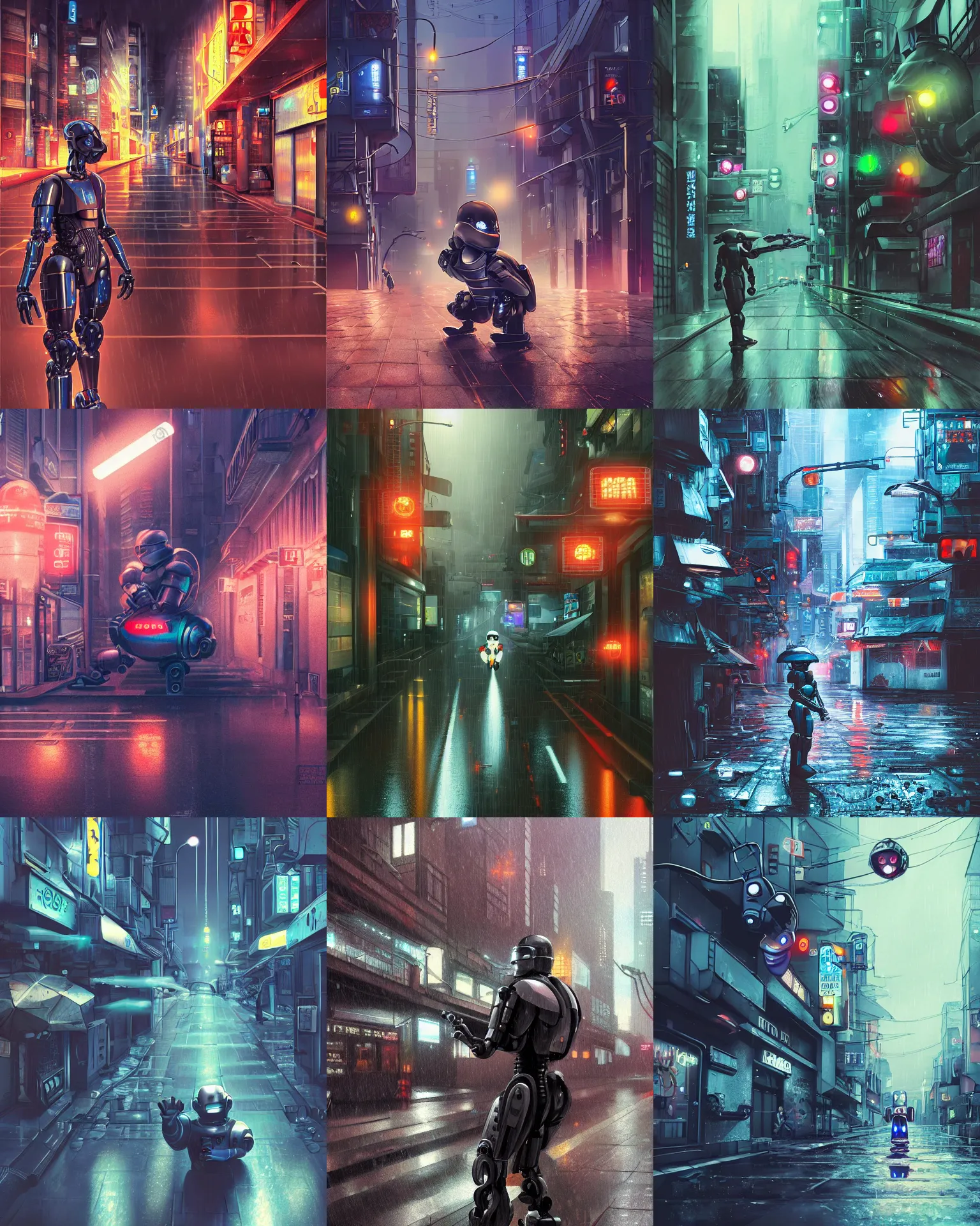 Prompt: robocop duck, cyberpunk street, late night, raytracing, rain, moody, interesting angle, parody, caricature, biomechanical, smooth, studio ghibli