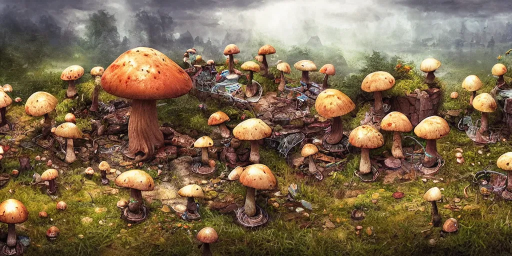 Prompt: mushroom village by max hay, intricate, detailed, photorealistic imagery, artstation