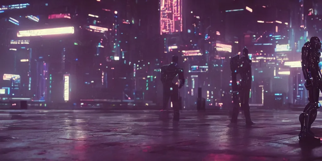 Image similar to Cyberpunk android chrome Robot dramatic movie scene, shot on imax, cinematic scene, cinematographic composition, CineStill 800T Film