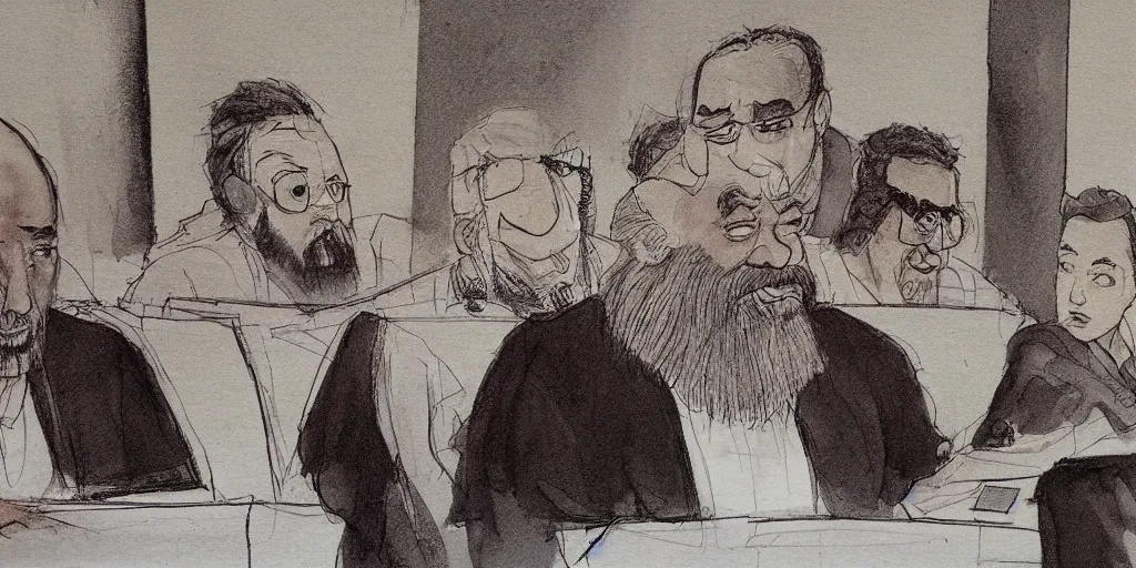 Prompt: Confucius and jury trial in the american courtroom sketch by Christine Cornell by Batton Lash by John M. Downs by Leo Hershfield, concept art