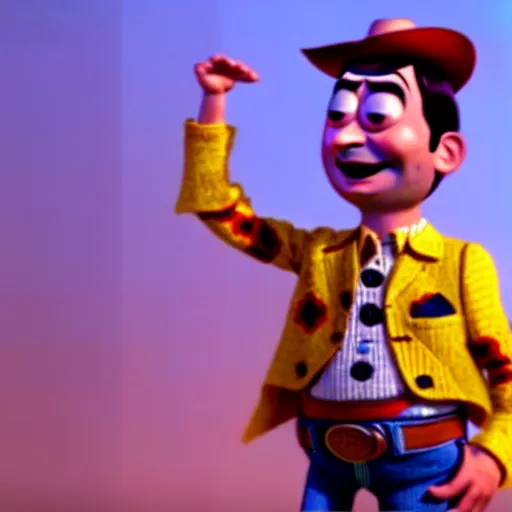 Prompt: mr. bean as woody from the toystory movie. movie still. cinematic lighting.