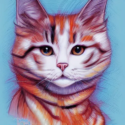 Prompt: beautiful pencil drawing of a cat by the artist loish, flowy lines, colorful, bright, cheerful, done in procreate, very beautiful sketch by loish