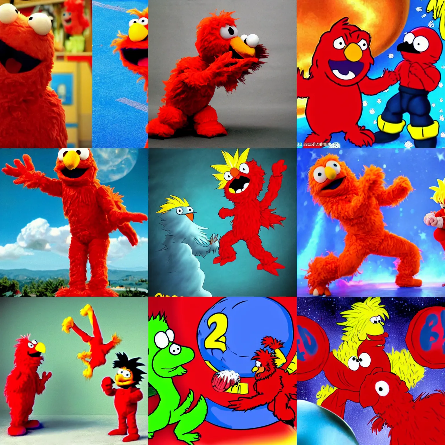 Prompt: Elmo fighting Big Bird in the style of the Dragonball Z anime