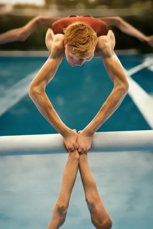 Image similar to close up still shot of jacob lofland standing on the diving board, summer olympics footage, 3 5 mm, highly detailed, color photo, dynamic lighting, subject centered in photo, octane render