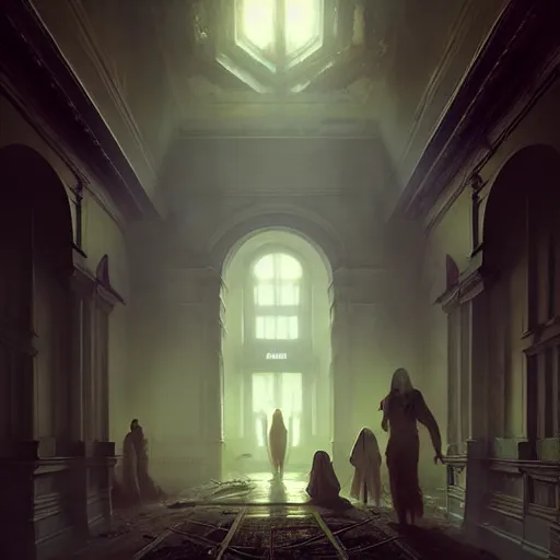 Image similar to psychiatric hospital asylum, horror scene, eerie atmosphere, by greg rutkowski and gaston bussiere, fluorescent lighting, beautiful volumetric - lighting - style atmosphere, futuristic atmosphere, intricate, detailed, photorealistic imagery, artstation