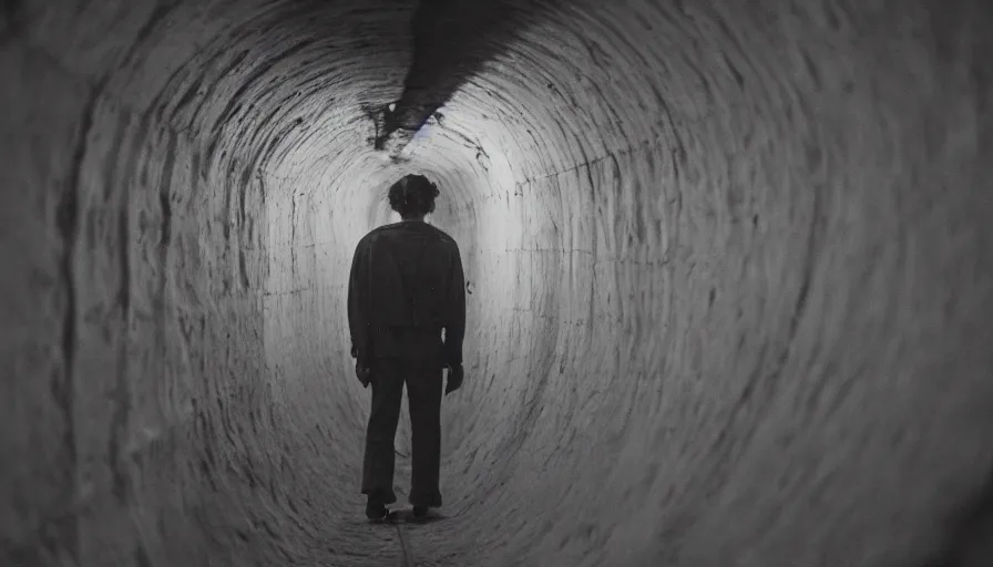 Image similar to 1 9 7 0 s movie still of a man in a barque in a tiny tunnel of flesh, leica sl 2