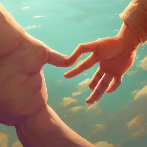 Image similar to a hand reaching out to another hand, behance hd by jesper ejsing, by rhads, makoto shinkai and lois van baarle, ilya kuvshinov, rossdraws global illumination ray tracing hdr radiating a glowing aura