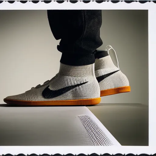 Image similar to a studio photoshoot of Nike sneakers designed by Tom Sachs, cream leather with knitted mesh material, gum rubber outsole, realistic, color film photography by Tlyer Mitchell, 35 mm, graflex