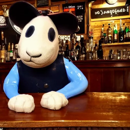 Image similar to Bullseye mascot Bully sitting at the bar of an English pub with a half drunk pint of ale. He looks sad and dejected by carravagio dramatic light