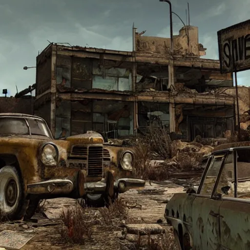 Image similar to a post apocalyptic wasteland with crumbling buildings, vintage cars, and rubble strewn about in the style of Fallout New Vegas by Bethesda Game Studios