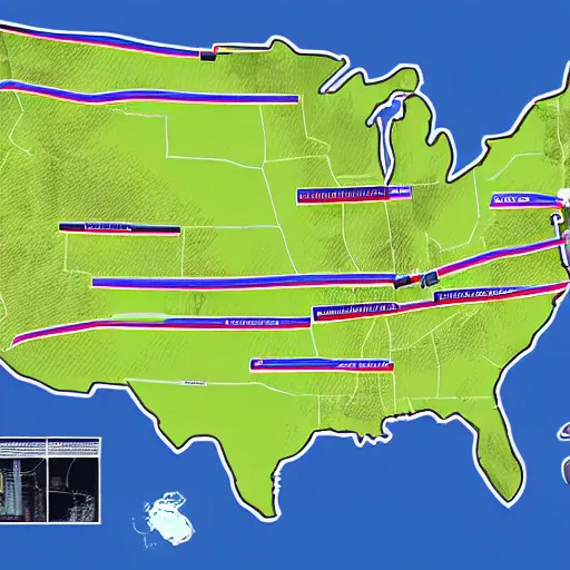 Prompt: futuristic dream high speed rail map maglev of the united states, map, svg, diagram