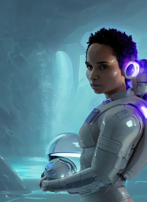 Image similar to Zoe Kravitz with short hair as a futuristic astronaut, helmet with led lights, underwater in the ocean at night, clear water, volumetric lighting, glowing lights, 4k, octane, digital painting, artstation, concept art, sharp focus, illustration, art by artgerm and greg rutkowski and alphonse mucha , wide angle view,