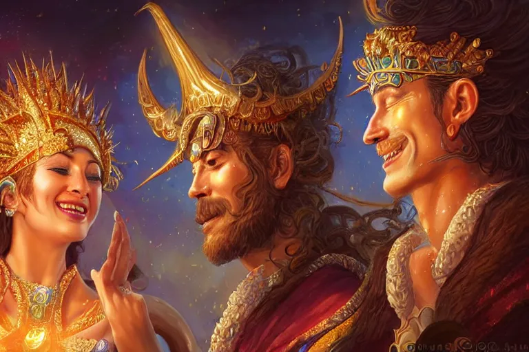 Image similar to close up moment of a divine a sun god and a moon goddess lovers magician at a wedding banquet, highly detailed, d & d, fantasy, highly detailed, digital painting, trending on artstation, concept art, sharp focus, illustration, art by artgerm and greg rutkowski and magali villeneuve