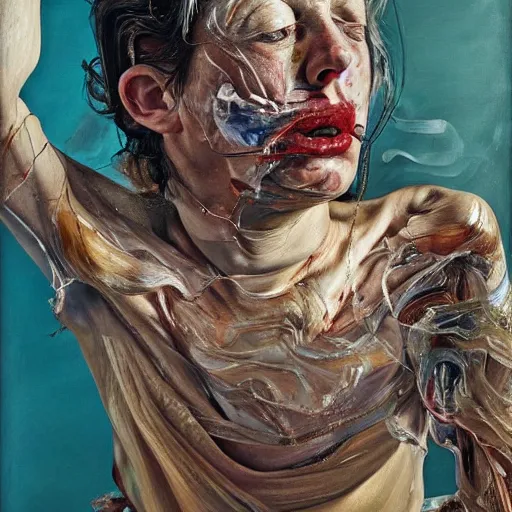 Image similar to high quality high detail painting by lucian freud and jenny saville, hd, madness, turquoise