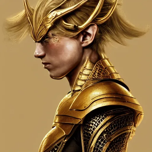 Prompt: side portrait!!! of an elven warrior, fantasy, gold armour, gold helmet, trending on artstation, gsociety, D&D, elegant, highly detailed!!!, digital painting, smooth, sharp focus, upper body, intricate, symmetrical facial features, detailed face!!!!!!!! by greg rutkowski, Alphonse Mucha, Ayami Kojima, Charlie Bowater, Karol Bak, Greg Hildebrandt