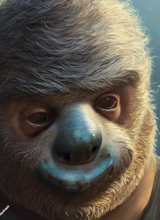 Image similar to highly detailed portrait of sloth from the goonies, realistic, cinematic adventure, fantasy art by greg rutkowski, stanley artgerm, loish, rhads, tom bagshaw, global illumination, radiant light, detailed and intricate environment