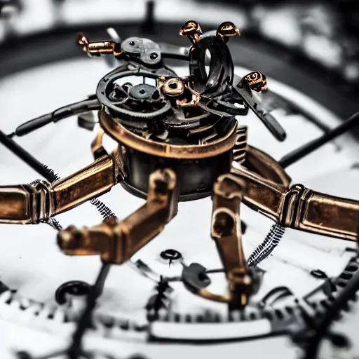 Image similar to macro photograph of a mechanical clockwork spider, intricate miniature machinery