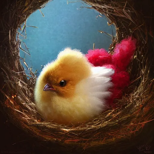 Image similar to long shot of a very fluffy beer chick nesting in a floral cup, esao andrews, by m. w. kaluta, humorous illustration, hyperrealistic, tilt shift, warm colors, night scenery, low light, 3 d octane render, 4 k, volumetric lights, smooth, cosy atmosphere, conceptart, hyperdetailed, trending on deviantart