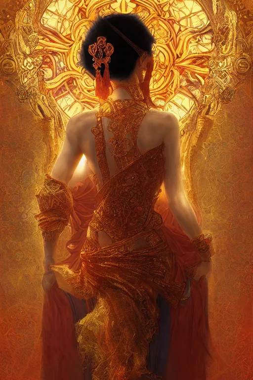 Image similar to tarot card artstation, portrait of an asian love dancer, sunrise, baroque ornamnet and rococo ornament, ancient chinese ornate, hyperdetailed, beautiful lighting, craig mullins, mucha, klimt, yoshitaka amano, red and gold and orange color palatte