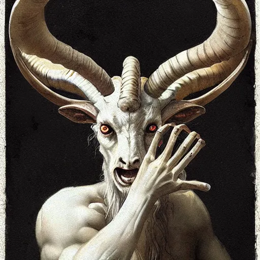 Prompt: baphomet with goat horns holding an animal skull, style of da vinci, horror, fantasy illustration, by greg rutkowski