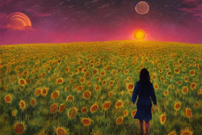Image similar to giant sunflower as a head, girl walking in wheat field, hills, surreal photography, dark night, star trails, dramatic light, impressionist painting, clouds, digital painting, artstation, simon stalenhag