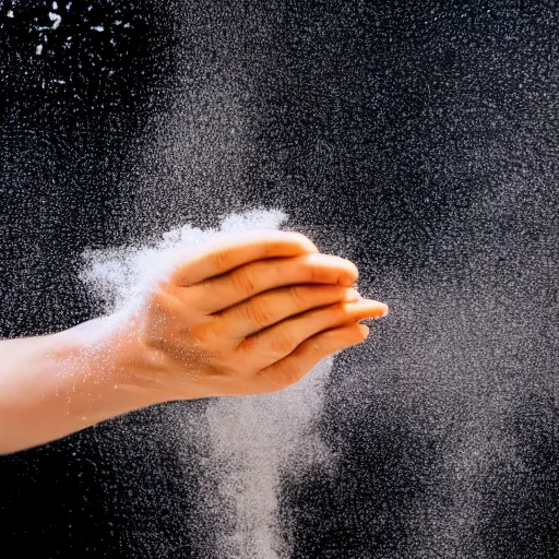 Image similar to a photo of the hands of a magician manipulating a smooth dough floating and spinning in the air, black background, flour dust spray, backlit, high quality action photography, studio photo, 50mm