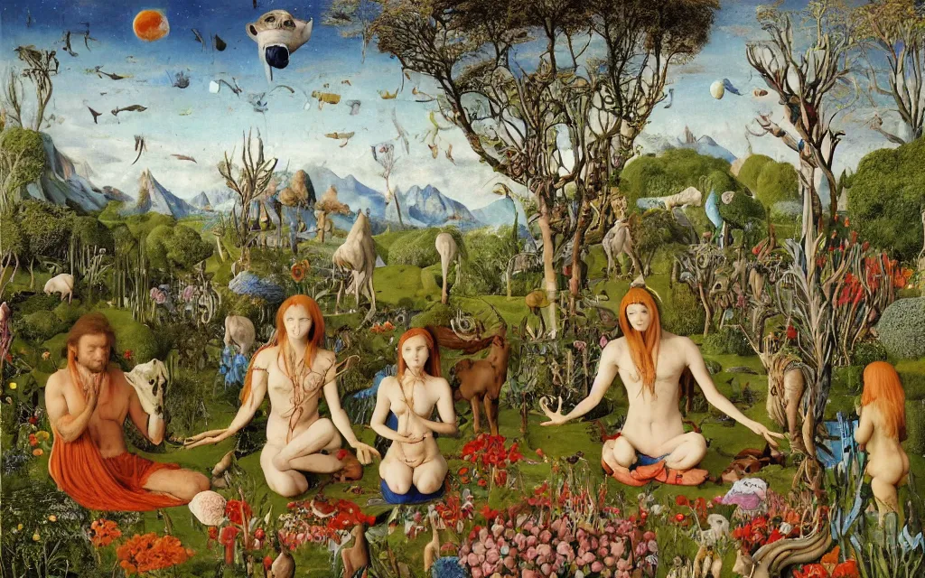 Image similar to photograph of a meditating centaur shaman and a mermaid feeding animals. surrounded by bulbous flowers, animals and a few trees. river delta with dry rocky mountains under a blue sky full of burning stars. painted by jan van eyck, max ernst, ernst haeckel, ernst fuchs and artgerm. trending on artstation, treding on cgsociety