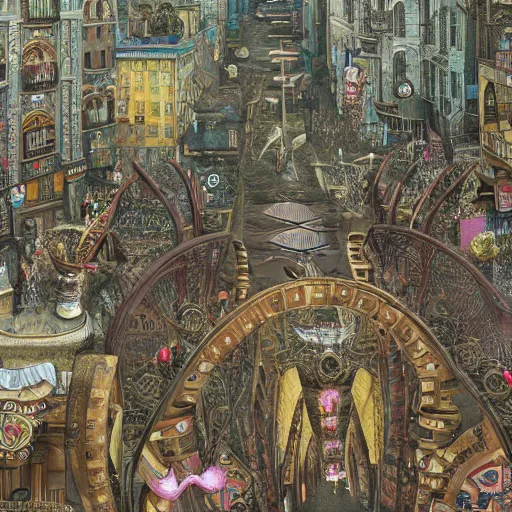 Image similar to gigantic ant walking through the center of a populated city, extreme detail, abstract realism, highly ornate intricate details, 1 9 2 0's colored pencil, 4 k, cinematic lighting,