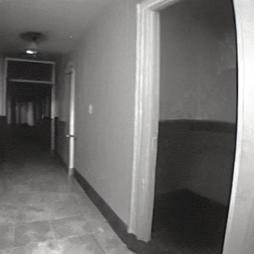 Prompt: old camcorder footage of a ghost in the hallway of an apartment