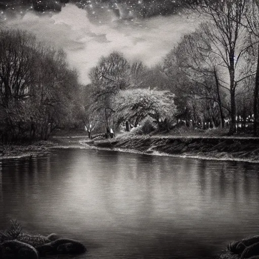 Image similar to A Mystic River, The River Is Full of Lights, Mysticism, Artwork, Watercolor, Indian Art, Cinematic, Tri-X 400 TX, Exposure, Slit-Scan Photography, 2-Dimensional, 4k, Ultra-HD, Incandescent, Ray Tracing Reflections, insanely detailed and intricate, hypermaximalist, elegant, ornate, hyper realistic, super detailed:: watermark:: blurry:: cropped:: blur:: blurry:: out of focus:: by Dorothea Tanning, by Rene Magritte, by Victto Ngai