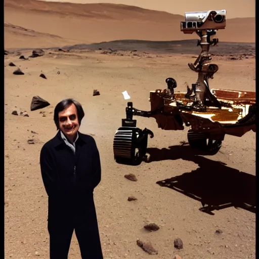 Image similar to a photo of carl sagan standing with the mars rover, 3 5 mm, highly detailed carl sagan face, high quality, award winning photo