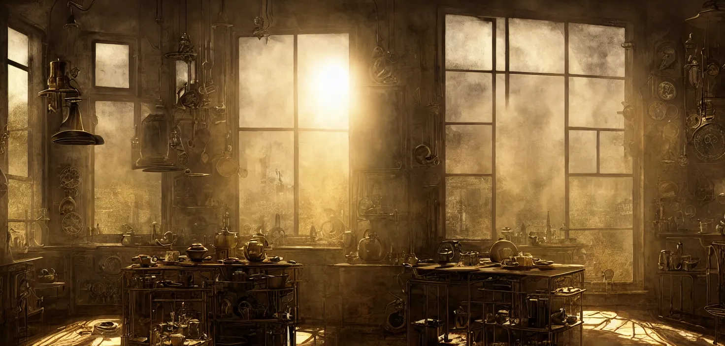 Prompt: steampunk kitchen design by h. r. giger, late afternoon light coming in through the window, bird, dust moats, bokeh, closeup, rule of thirds, roger deakins, ridley scott, jan urschel, john singer sargent, mandelbulb, sorolla, ghibli