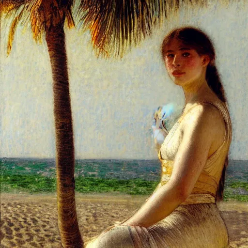 Image similar to a ultradetailed beautiful painting of a girl in the amazonas palace designed by jules bastien - lepage, hans belmer, frank weston and gustave baumann, beach, trending on artstation, mediterranean, palm trees, light sparkles, sharp focus, soft light, 8 k 4 k