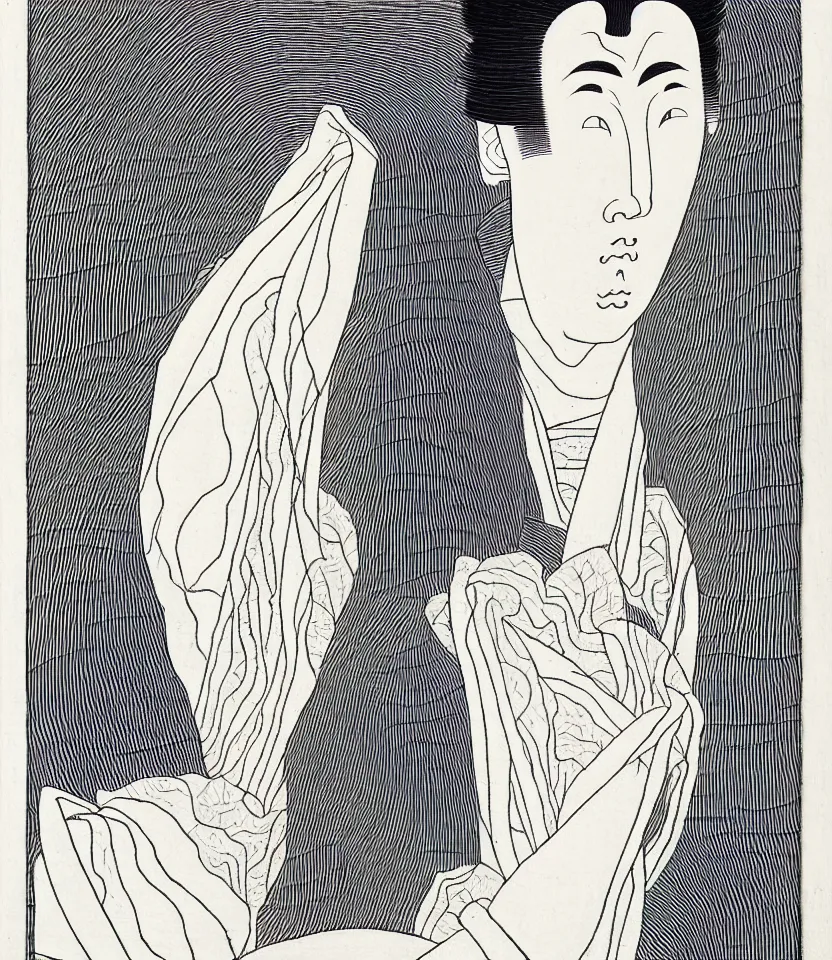 Image similar to detailed line art portrait of hiroshige, inspired by egon schiele. caricatural, minimalist, bold contour lines, musicality, soft twirls curls and curves, confident personality, raw emotion