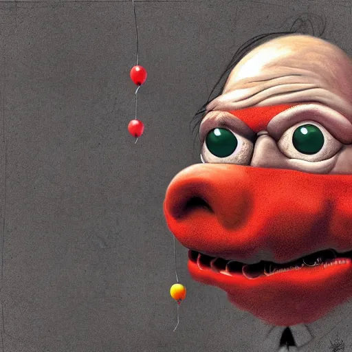 Image similar to surrealism grunge cartoon portrait sketch of homer simpson with a wide smile and a red balloon by - michael karcz, loony toons style, chucky style, horror theme, detailed, elegant, intricate