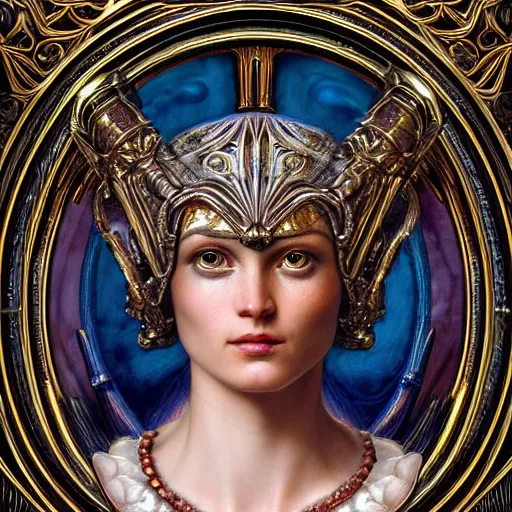 Prompt: masterpiece baroque neoclassicist closeup renaissance portrait of an art deco android priestess, glowing eyes. reflective detailed textures, highly detailed fantasy science fiction painting by moebius, magali villeneuve, annie swynnerton, norman rockwell and saturno butto and jean delville, elaborate geometric ornament, cool colors. artstation