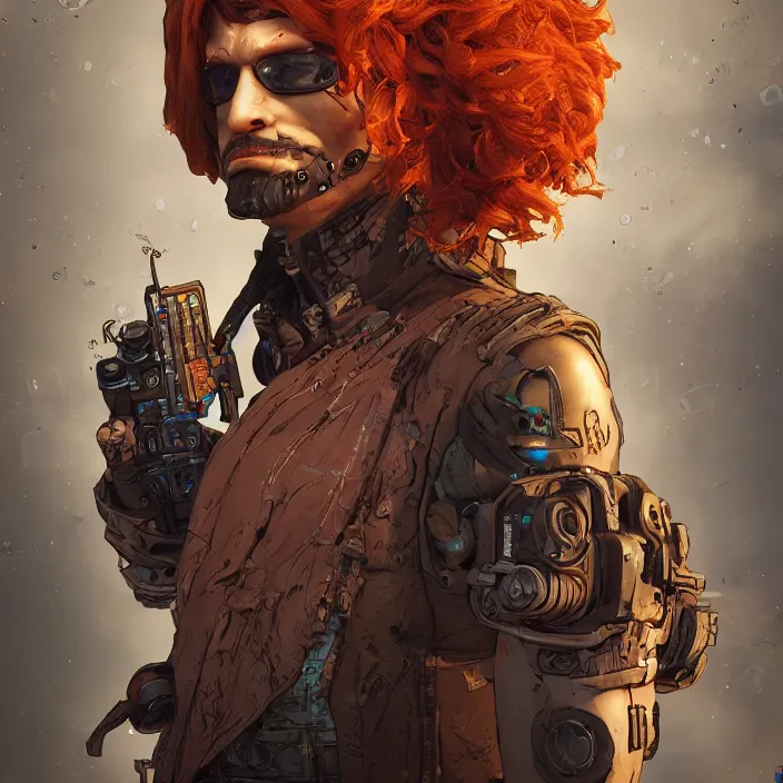 Image similar to cyberpunk portrait of curly orange hair man from borderlands 3, au naturel, hyper detailed, digital art, trending in artstation, cinematic lighting, studio quality, smooth render, unreal engine 5 rendered, octane rendered, art style by klimt and nixeu and ian sprigger and wlop and krenz cushart.