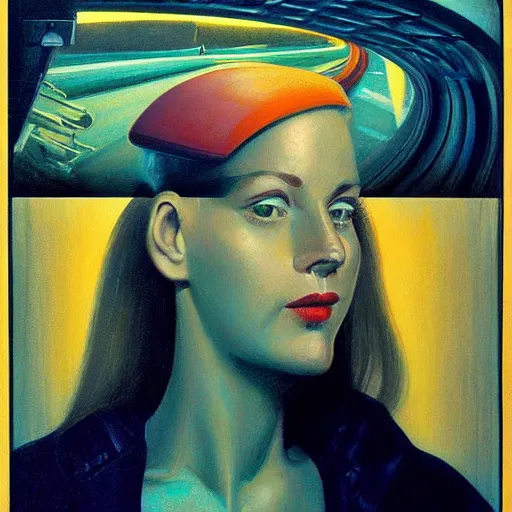 Image similar to detailed face of a woman, clockwork, moment, tectonic sky, skydome, bullet train, turbines, utopian, tech noir, wet reflections, prism, atmospheric, ambient, pj crook, syd mead, livia prima, edward hopper